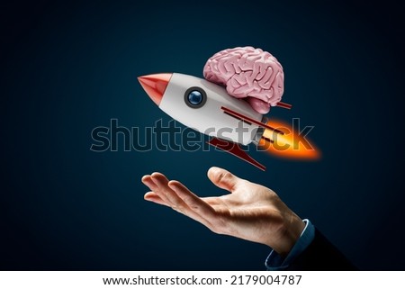 Intellect, intelligence, innovation and cognitive abilities of brain improvement concept. Cartoon rocket holding brain flies up.