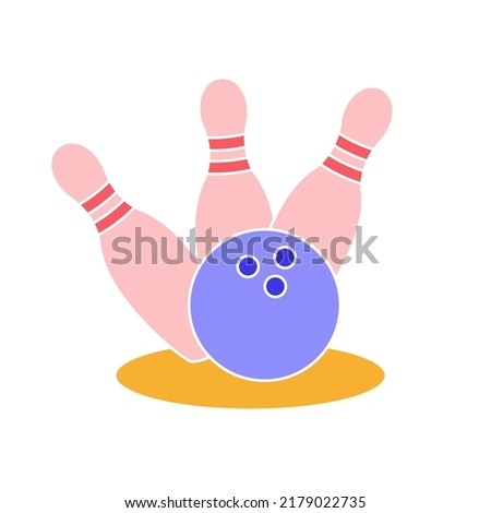 Flat icon with pins and bowling ball in red blue and yellow.