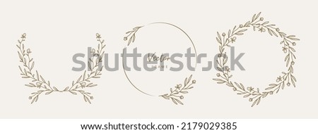 Hand drawn floral frames with flowers, branch and leaves. Wreath. Elegant logo template. Vector illustration for labels, branding business identity, wedding invitation Royalty-Free Stock Photo #2179029385
