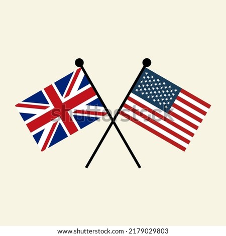 Flags of United Kingdom and USA America with crossed position. Two national flag icons for symbol of agreement, cooperation, bilateral, opposition, competition, negotiation, alliance, and politics.