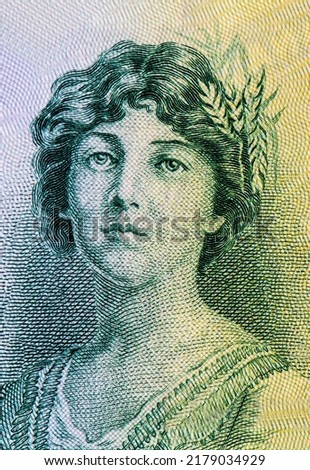 Allegoric Spanish woman symbolising the Spanish Republic. Portrait from Spain 5 Pesetas 1935 Banknotes. Royalty-Free Stock Photo #2179034929