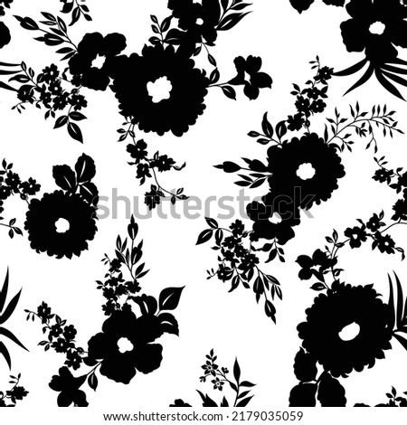 black and white flower seamless pattern on white background