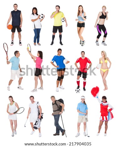 Various sports people. Isolated on white background