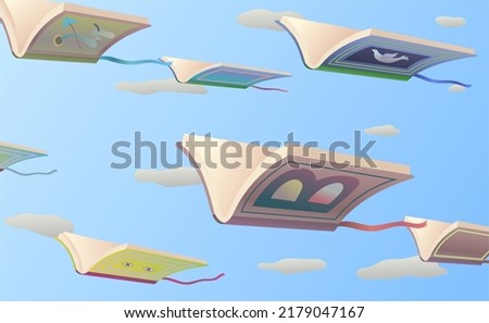 Books in the sky. Surreal vector illustration. concept idea art of education, imagination and dream. Conceptual artwork.