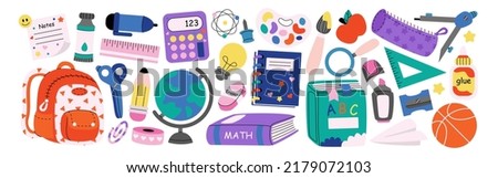 Set of study school supplies: backpack, pencils, brushes, paints, ruler, sharpener, stickers, calculator, books, glue, globe. Children's cute stationery subjects. Back to school. Flat illustration. Royalty-Free Stock Photo #2179072103