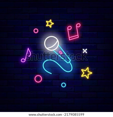 Music neon label. Microphone and notes icons. Karaoke and party sign. Talent show emblem. Light banner. Outer glowing effect badge. Vector stock illustration