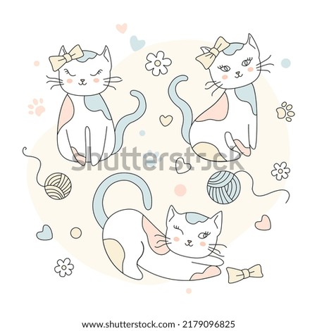 A collection of cute little girl cats in different poses. Can be used for t-shirt printing, stickers, greeting card design