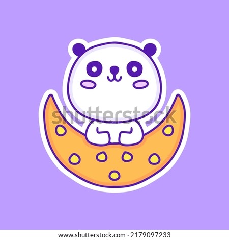 Cute panda bear on the moon illustration, with soft pop style and old style 90s cartoon drawings. Artwork for street wear, t shirt, patchworks; for teenagers clothes.