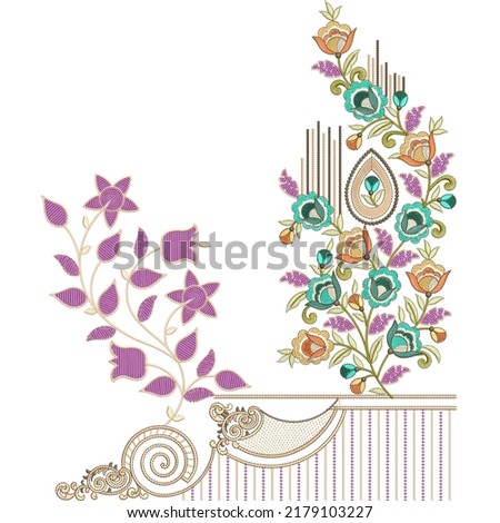 Textile embroidery floral motif and lace border design with white background