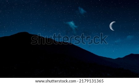 Crescent moon over mountain. Night background with mountain and moon
