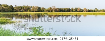Beautiful serene lake landscape scenery panorama photograph.