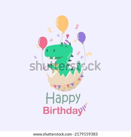 Happy birthday clip art sticker ,  hatching dino egg . cute tyranosaurus that hatched from an egg. Dinos on holiday cards for kids. Vector, cartoon
