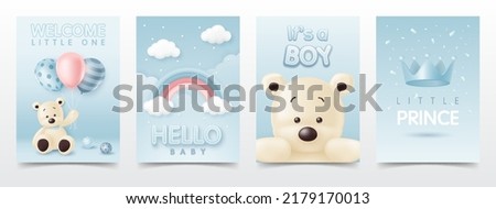 Set of baby shower invite card including cute bear, crown, balloon and rainbow for greeting invitation welcome card, album, poster, online store, boy and children birthday party. kid fashion sale. Royalty-Free Stock Photo #2179170013