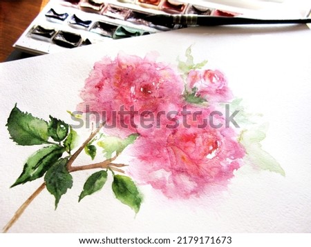 Watercolor pink flower peony rose floral composition plant paint palette brush paintbrush hand creative art drawing photo