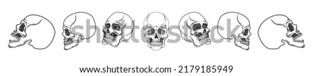 Set of hand drawn skulls in different positions. Vector skulls isolated on white background. Tattoo. Occultism, esoteric, spiritual design elements. Death. Mexico. Halloween.