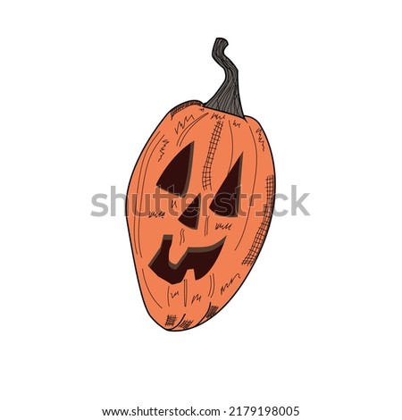 Halloween pumpkin icon. Autumn symbol. Flat design. Halloween scary pumpkin with smile, happy face. Orange squash silhouette isolated on white background. Cartoon colorful illustration.