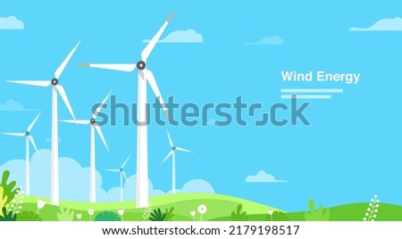 Turbine wind power green energy electricity concept wind energy plant windmill renewable  ecology with green grass open sky vector illustration Royalty-Free Stock Photo #2179198517