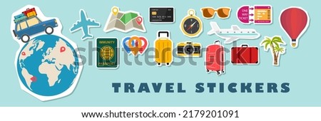 Set of Cute Travel Icon Patches and Sticker Collection. Vector illustration summer or autumn  Royalty-Free Stock Photo #2179201091