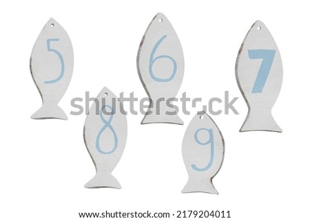 Wooden fish numbers. Classic decorative elements set on white background. Part 2