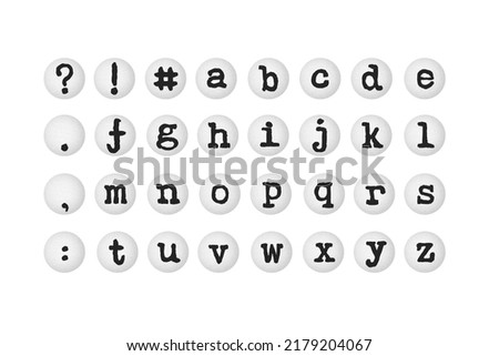 Decorative white buttons textile Latin alphabet. Clip art set on white background