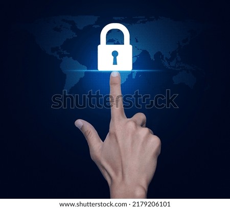Hand pressing padlock flat icon over digital world map technology style, Technology internet security and safety online concept, Elements of this image furnished by NASA
