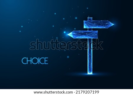 Choice, decision concept with crossroad signpost to different direction in futuristic on dark blue Royalty-Free Stock Photo #2179207199