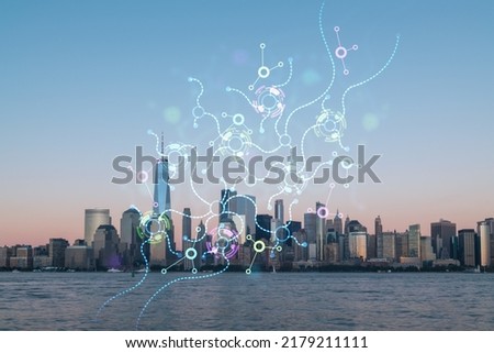 Skyline of New York City Financial Downtown Skyscrapers at sunset. Manhattan, NYC, USA. View from New Jersey. Artificial Intelligence concept, hologram. AI, machine learning, neural network, robotics