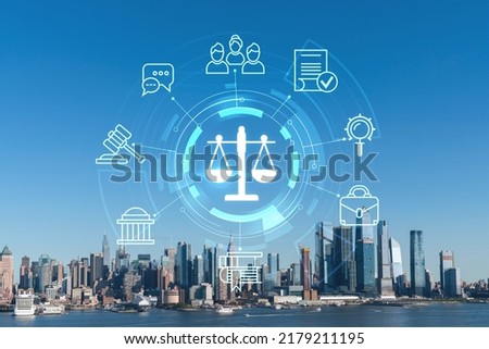 New York City skyline from New Jersey over the Hudson River towards the Hudson Yards at day. Manhattan, Midtown. Glowing hologram legal icons. The concept of law, order, regulations, digital justice Royalty-Free Stock Photo #2179211195