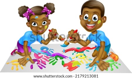 Cartoon boy and girl playing with paints creatively, looking very messy