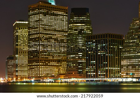 Lower Manhattan skyline view at night from Brooklyn in New York City