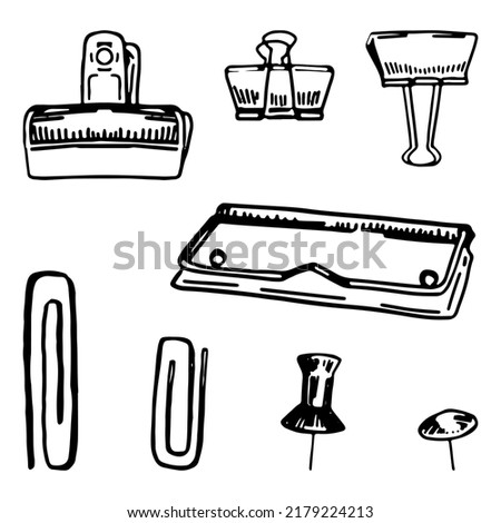 Set of paper clips, binder clips, pins, push pins, tacks. Stationery office supplies sketches collection. Hand drawn vector illustrations. Holders for documents isolated on white.