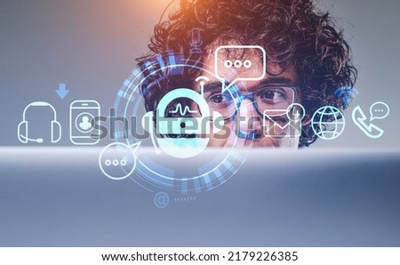 Businessman portrait with laptop. Digital bot chat hud hologram, social network icons. Artificial intelligence and online helpdesk. Concept of service.