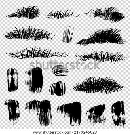 Black abstract different shapes grass or  fur and textured  thick brush textured strokes on imitation transparent background Royalty-Free Stock Photo #2179245029
