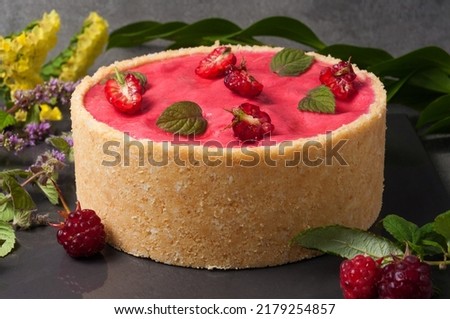 tasty raspberry cake with raspberry mousse, yogurt mousse, decorated with shortbread dough