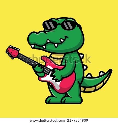Cute Crocodile Playing Electric Guitar Cartoon Vector Icon Illustration. Animal Music Flat Cartoon Concept