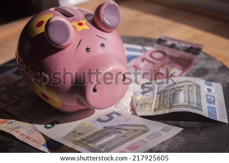Pink piggy bank and money on a stone plate