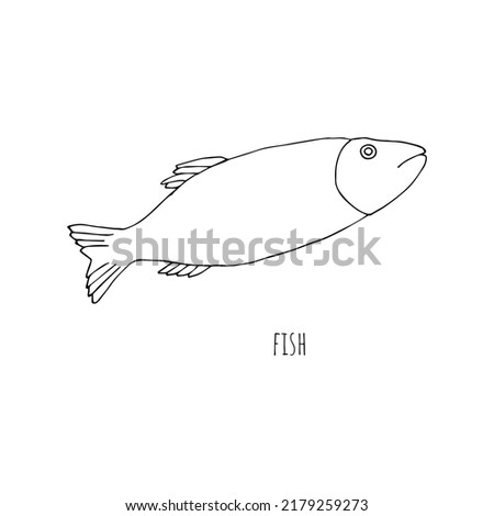 Mediterranean diet foods black and white sketch fresh fish isolated on white background 
