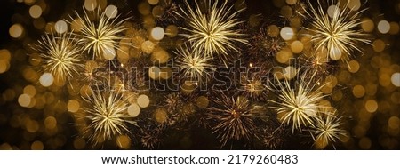 HAPPY NEW YEAR 2023 - Celebration New Year's Eve, Silvester 2023 holiday background panorama greeting card - Golden firework fireworks pyrotechnics on dark night sky.. Royalty-Free Stock Photo #2179260483