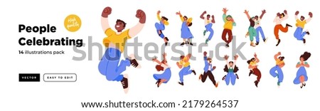Celebrating people illutrations. Collection of scenes with men and women happy jumping celebrating event or ceremony. Royalty-Free Stock Photo #2179264537