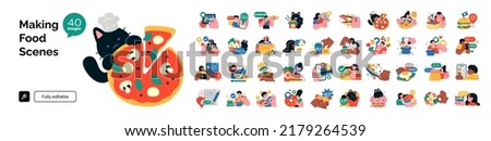 Set of illustrations related to food, cooking and delivery. Different scenes on the kitchen, kitchenware, and decorative elements. Vector illustration