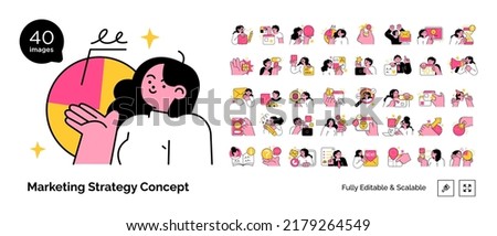 Social Media Marketing illustrations. Mega set. Collection of scenes with men and women taking part in business activities. Trendy vector style