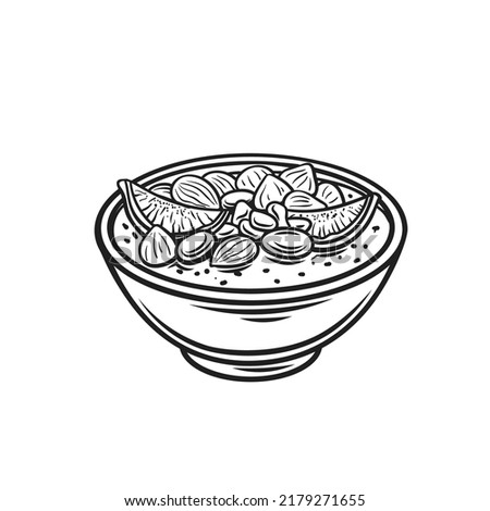 Ashure, Noahs pudding in Turkish cuisine, line icon vector illustration. Healthy sweet food and family dessert from Turkey, ashura with pomegranate, nuts, dry apricot and raisins in glass bowl Royalty-Free Stock Photo #2179271655