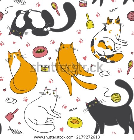 UntSeamless pattern with cute funny cats on white background. 