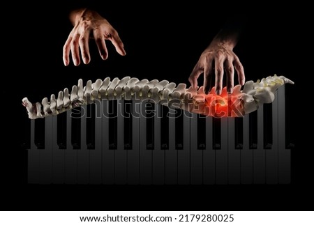 Chiropractic massage from back pain, manual therapy concept. Manual therapist professionally treats human spine as if playing piano Royalty-Free Stock Photo #2179280025