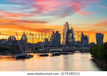 City of London skyline at sunrise. England
