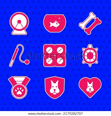 Set Dog pill, Animal health insurance, Heart with dog, Turtle, Pet award symbol, cat toy, bone and Hamster wheel icon. Vector