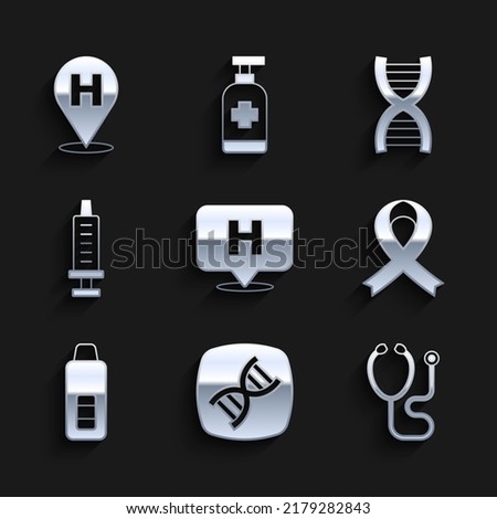 Set Location hospital, DNA symbol, Stethoscope, Awareness ribbon, Digital thermometer, Syringe,  and  icon. Vector