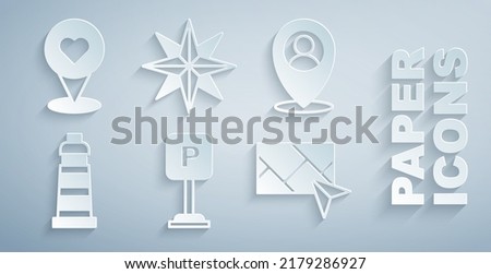 Set Parking, Location with person, Lighthouse, City map navigation, Wind rose and heart icon. Vector