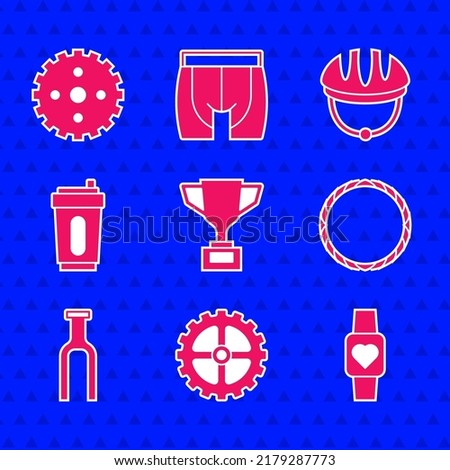 Set Award cup with bicycle, Bicycle sprocket crank, Smart watch, wheel, fork, Sport bottle water, helmet and  icon. Vector