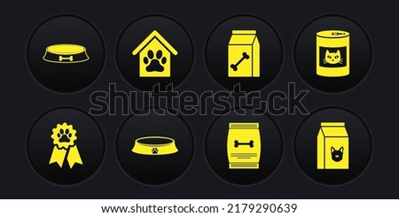 Set Pet award symbol, Canned food for cat, bowl, Bag of pet,  and Dog house and paw print icon. Vector